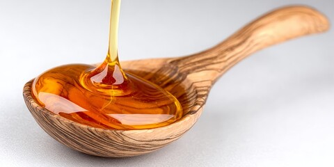 Natural Golden Honey Flowing into a Wooden Ladle, Sweet Nectar for Healthy Diet and Organic Food