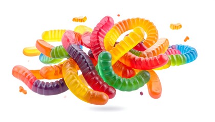 Colorful gummy worms in mid-air