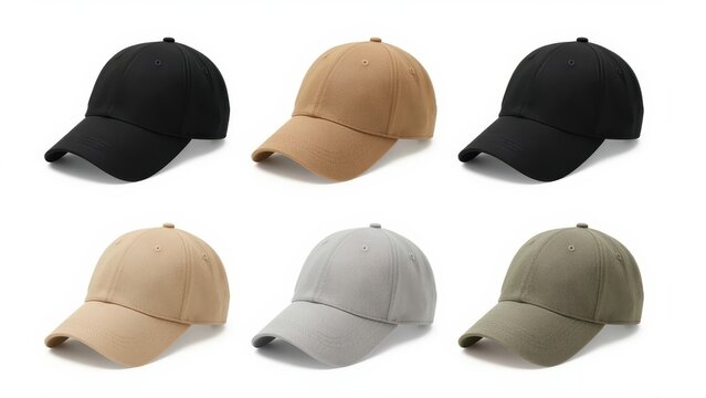 Assorted plain baseball caps in various neutral tones presented on a white backdrop.