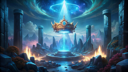 Fantasy glowing crown floating above throne in surreal palace