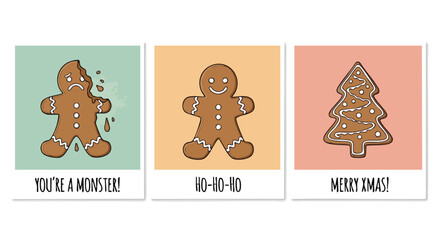 Whimsical gingerbread man trio with funny holiday greetings perfect for festive cards and decorations