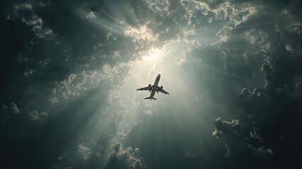 Naklejka premium Silhouette of plane flying through clouds with sun rays shining through. Peaceful sky journey.