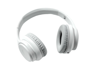 Over-ear, white headphones; sleek, minimalist design; soft earcups; comfortable headband; angled for optimal viewing