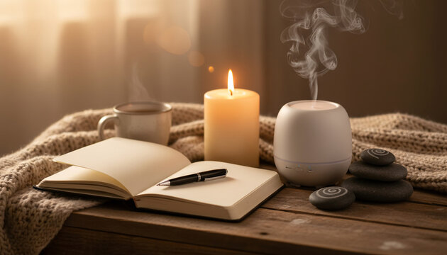 Wellness still life with open gratitude journal, aroma diffuser mist, meditation stones, burning candle and cozy warm light, mindfulness lifestyle composition