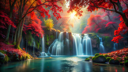 Obraz premium Fantasy glowing red leaves above enchanted waterfall in night