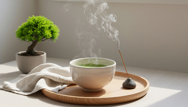 Matcha tea in steaming cup on wooden tray, incense smoke, linen napkin and potted plant in sunlight, clean Japanese minimalist aesthetic for wellness and balance
