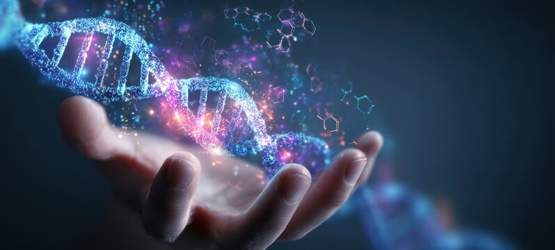 The DNA Helix Floating Above an Open Hand Futuristic Biotech Concept Visualization