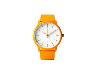 Minimalist wristwatch with a bright orange silicone band and a simple white face featuring slender hands and markers