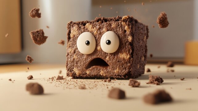 A charming dessert cube with a surprised expression, surrounded by crumbs. This playful food character brings joy and creativity to kitchen art. Perfect for fun culinary themes!