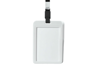 Blank white rectangular ID card holder with black lanyard attachment