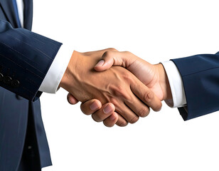 Close-up of two men in suits shaking hands, a firm grip signifying agreement or partnership against a stark black background