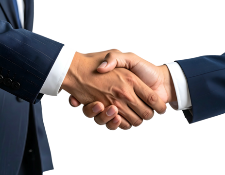 Close-up of two men in suits shaking hands, a firm grip signifying agreement or partnership against a stark black background