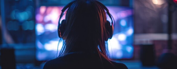 The young woman immersed in gaming with headphones on, enjoying digital entertainment.