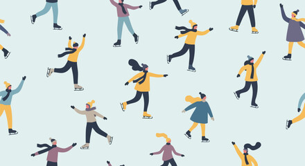 Charming winter scene of cheerful people ice skating and enjoying the season on a light blue snowy backdrop, perfect for holiday designs