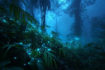 Mystical glowing forest with bioluminescent plants