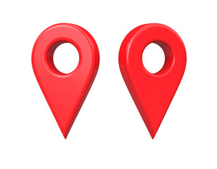 Two glossy, 3D-rendered red map markers, slightly angled, set against a black background