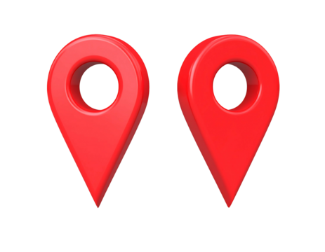 Two glossy, 3D-rendered red map markers, slightly angled, set against a black background - Powered by Adobe