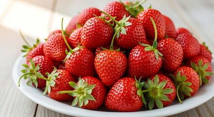 Fresh Ripe Strawberries in a White Bowl on a Wooden Table.