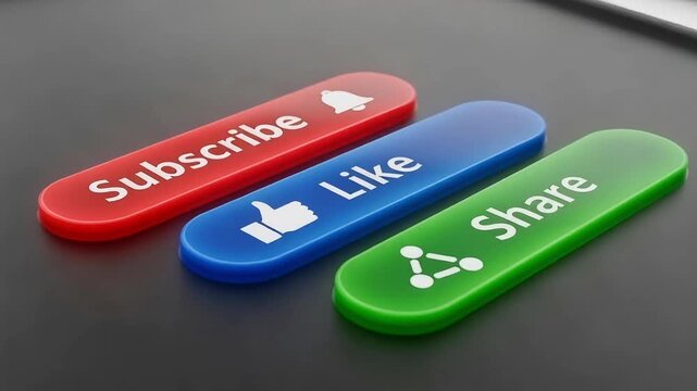 Dynamic 3D rendering of vibrant 'Subscribe', 'Like', and 'Share' buttons, perfect for engaging online content creators and social media campaigns.