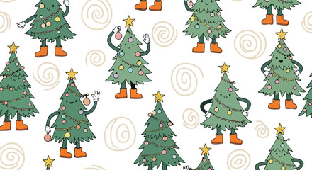 Joyful Christmas trees with cheerful faces bring festive spirit and holiday cheer to whimsical winter designs, perfect for seasonal decorations