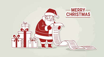 Jolly Santa Claus checking his long gift list surrounded by festive presents, wishing Merry Christmas to all