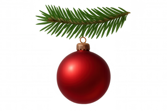 Christmas ornament hanging on a fir branch, red bauble festive decoration for holiday season, transparent background