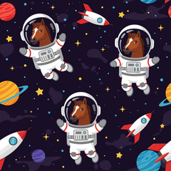 Whimsical horses in astronaut suits float through starry outer space with rockets and planets