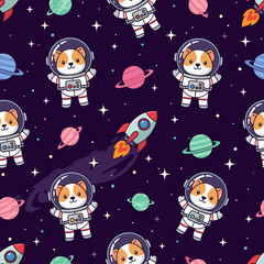 Cute cartoon dogs in astronaut suits explore the starry galaxy with rockets and planets Fun space adventure design