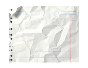 Crumpled lined paper sheet with spiral binding, corner curled, showing creases and a faint red line