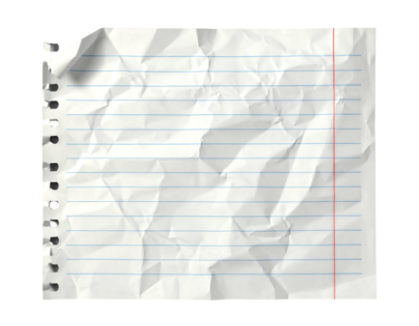 Crumpled lined paper sheet with spiral binding, corner curled, showing creases and a faint red line