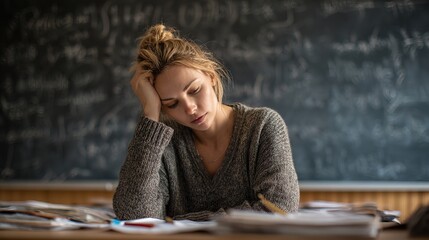 Exhausted teacher grading papers in empty classroom late at night emotional strain educational environment low light perspective