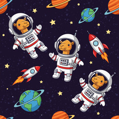Whimsical cartoon camels exploring outer space as astronauts with rockets planets and stars Fun pattern