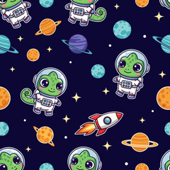 Cute astronaut chameleons exploring space with planets and stars Fun whimsical pattern for kids