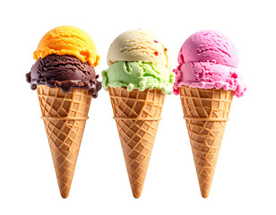 Three ice cream scoops in waffle cones; mango, vanilla/pistachio, strawberry.  Sweet treat, dessert