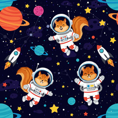 Happy cartoon squirrels in astronaut suits exploring space with planets and rockets Fun childrens design