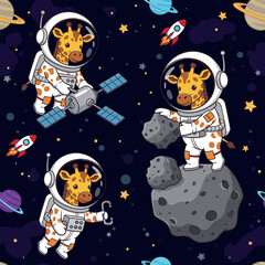 Playful giraffe astronauts explore space planets and asteroids symbolizing adventure and discovery