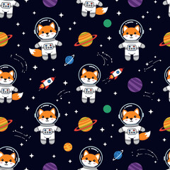 Cute cartoon astronaut foxes planets and rockets in a fun seamless space pattern