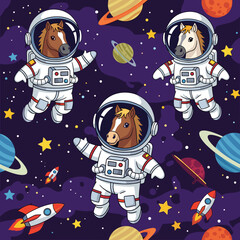 Adorable cartoon horses in astronaut suits float playfully through a vibrant outer space
