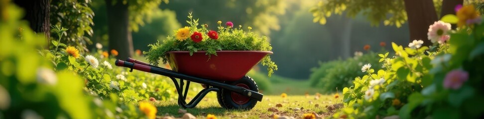 Wheelbarrow overflowing with lush plants, sunny garden , roots, earth, tools