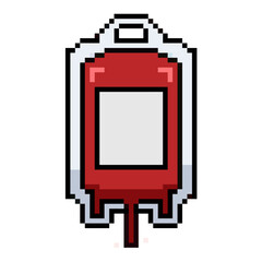 Pixel blood bag vector. Ideal for medical, health, and hospital themes. A modern, digital icon that merges a classic symbol with a pixelated, technology-inspired look.