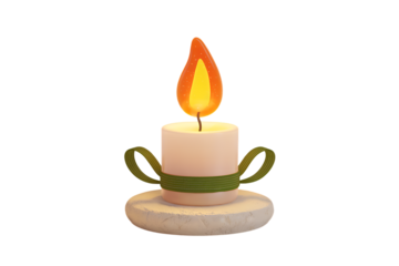 A Charming Illustrated Candle with a Green Ribbon, Sitting Atop a Stone Base, Perfect for Festive Decor and Cozy Ambiance Isolated on transparent background, cutout	