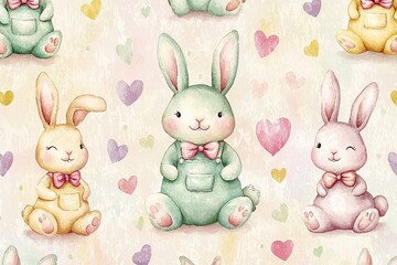 Obraz premium Cute rabbits, hearts, and pastel colors