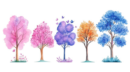 Vector watercolor trees side view set of summer
