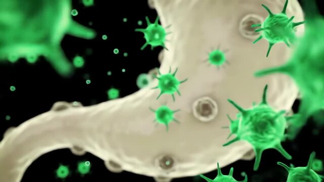 H. pylori bacteria glowing as they colonize stomach lining, swirling like alien invaders