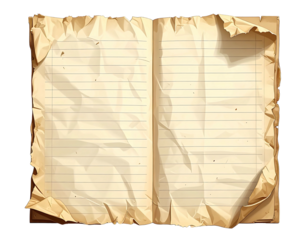Open, aged notebook with crumpled, torn, tan pages; lined paper shows wear; blank space for writing