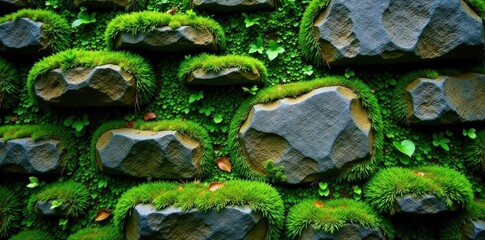 Wild stone wall, vibrant green moss, natural growth, botany, green, closeup