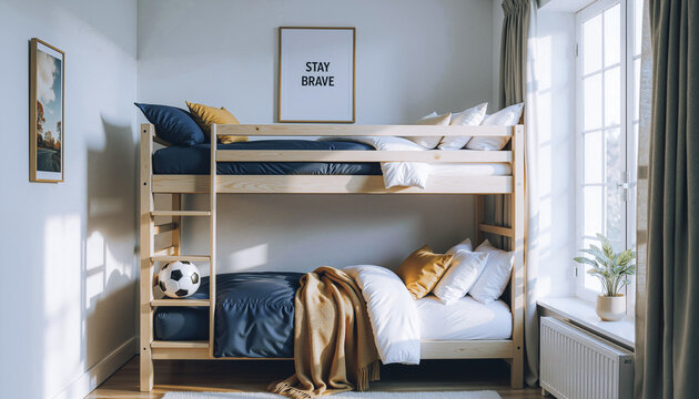 Modern teen boy's bedroom interior with bunk beds in natural light  
