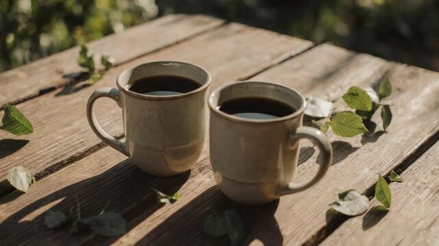 Wide-angle footage of two mugs filled with black coffee resting on a table in a peaceful garden caf&eacute;, with leaves rustling and soft natural light