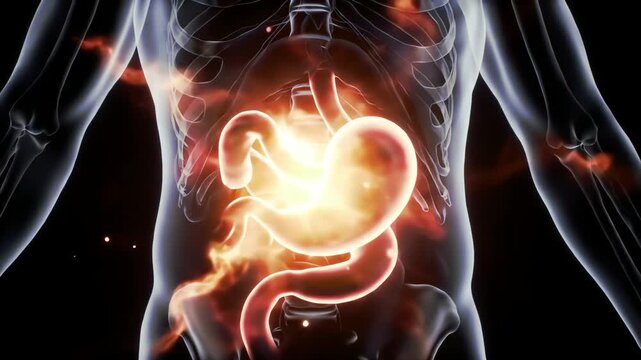 Food entering the stomach, chyme swirling like molten liquid under glowing acidic waves