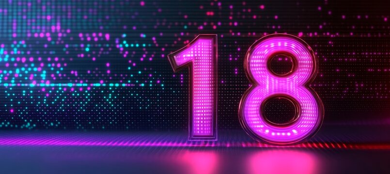 Symbolic Representation of Age of Majority with Glowing Number Eighteen on Abstract Background.